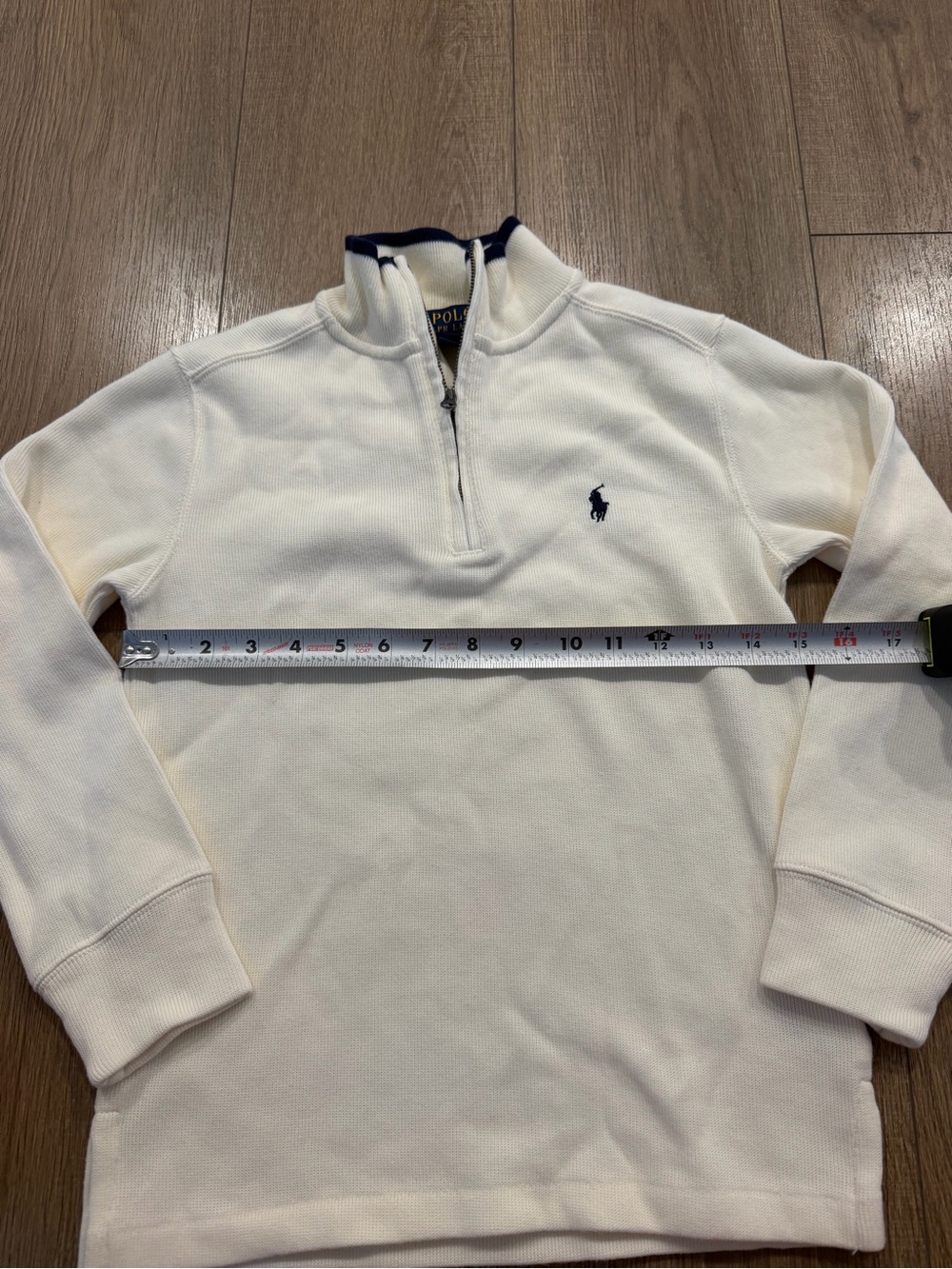 Kids polo Ralph Lauren Cream Half-Zip Sweater with Navy Logo, size S (8) - Picture 4 of 7